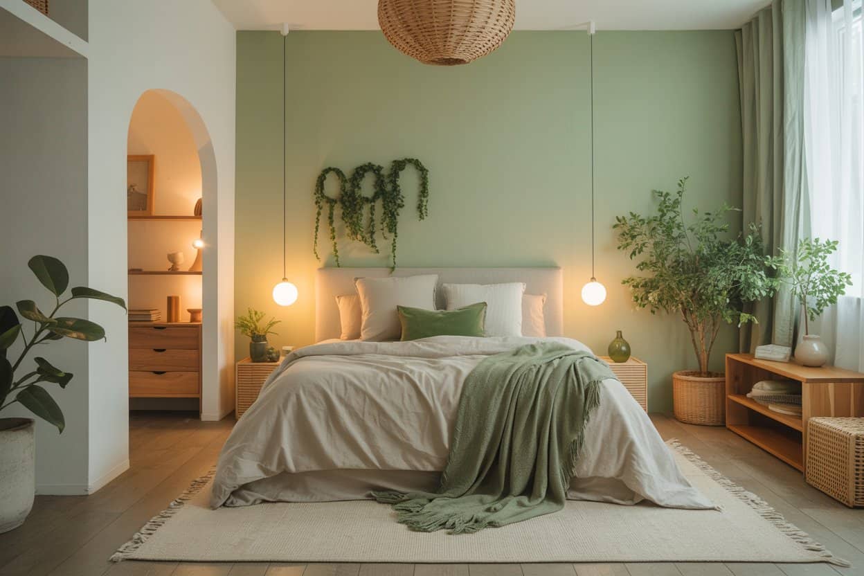 “Bedroom with small green décor accents, neutral bedding, wooden furniture, bright airy interior, Pinterest-style photo.”