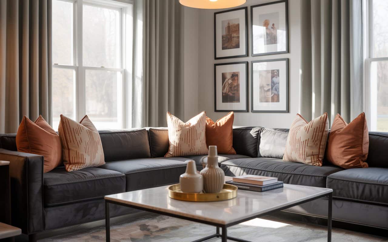 A modern living room with decorative cushions, framed wall art, elegant curtains, and a stylish tray on a coffee table.