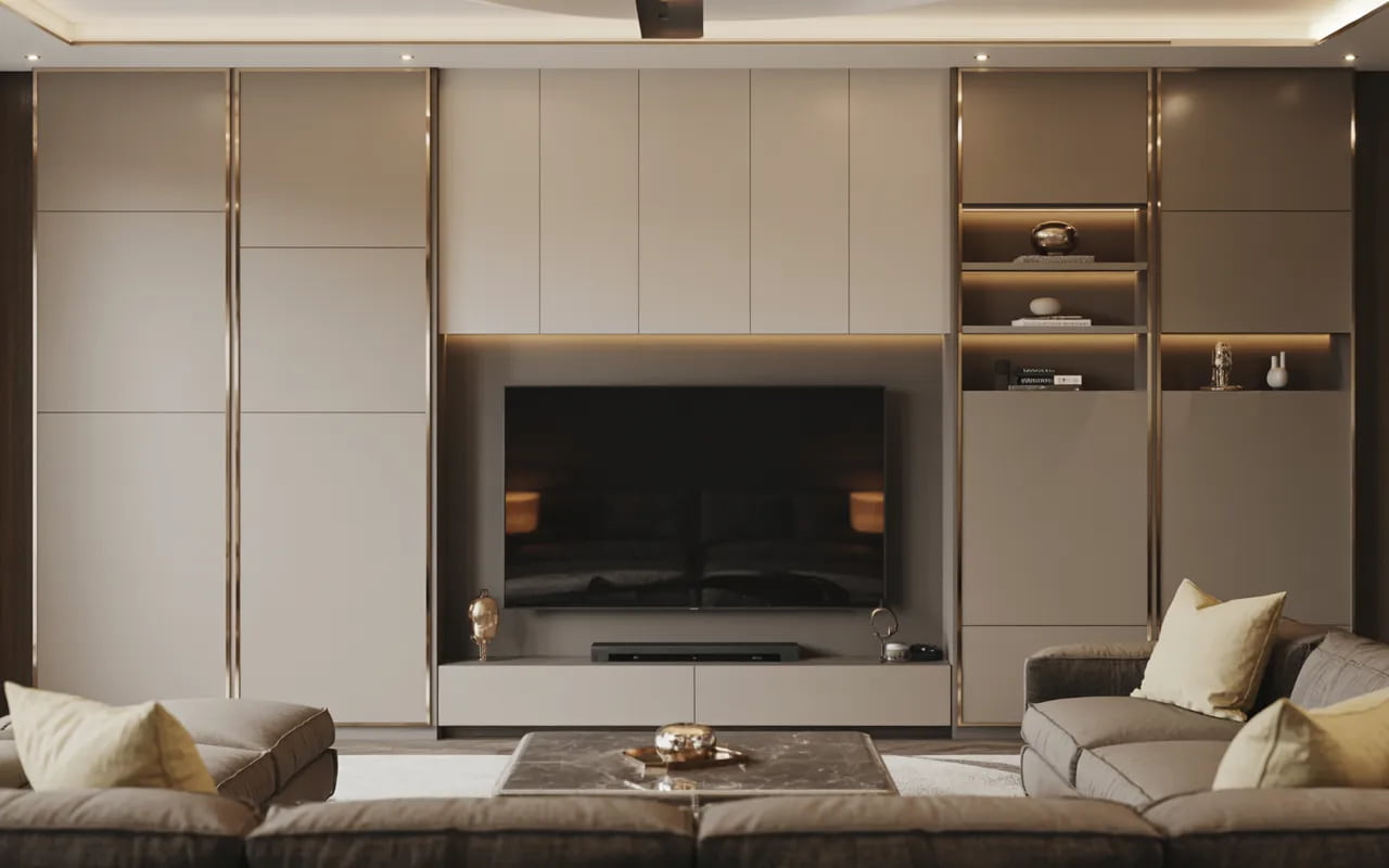 Luxury living room TV wall with neutral gray and beige tones, metallic accents, modern furniture, stylish ambient lighting."