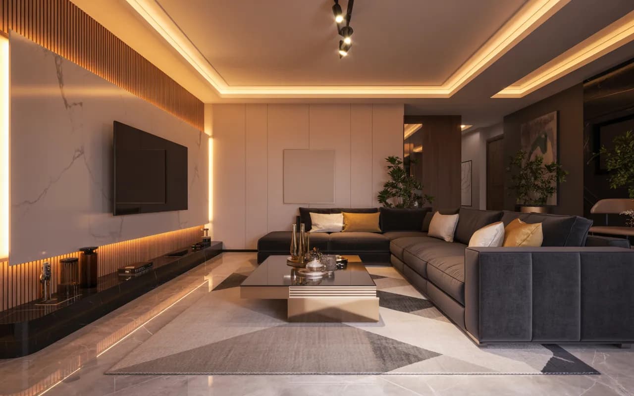 Modern luxury living room with backlit TV wall, soft LED lights, stylish sofa set, ambient lighting, elegant and cozy decor."