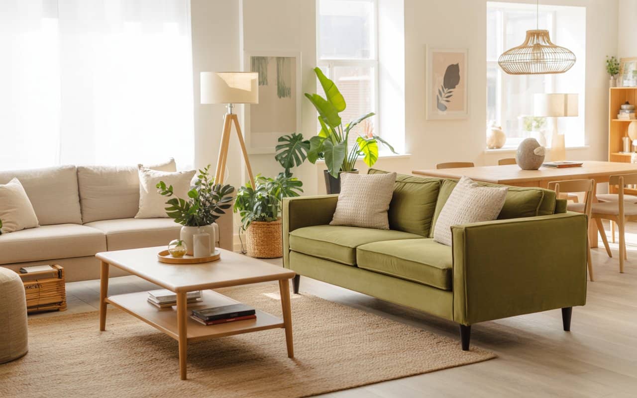 “Living room with beige sofa, floor lamp, pendant lighting, neutral rug, wooden coffee table, cozy modern interior, Pinterest-style photo.”