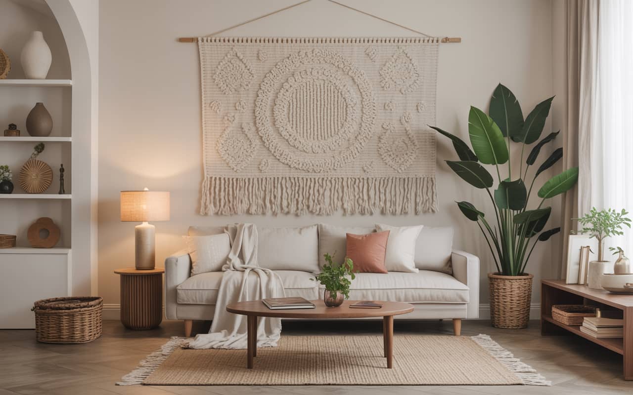 Bedroom with large woven tapestry, neutral bedding, cozy vibes
