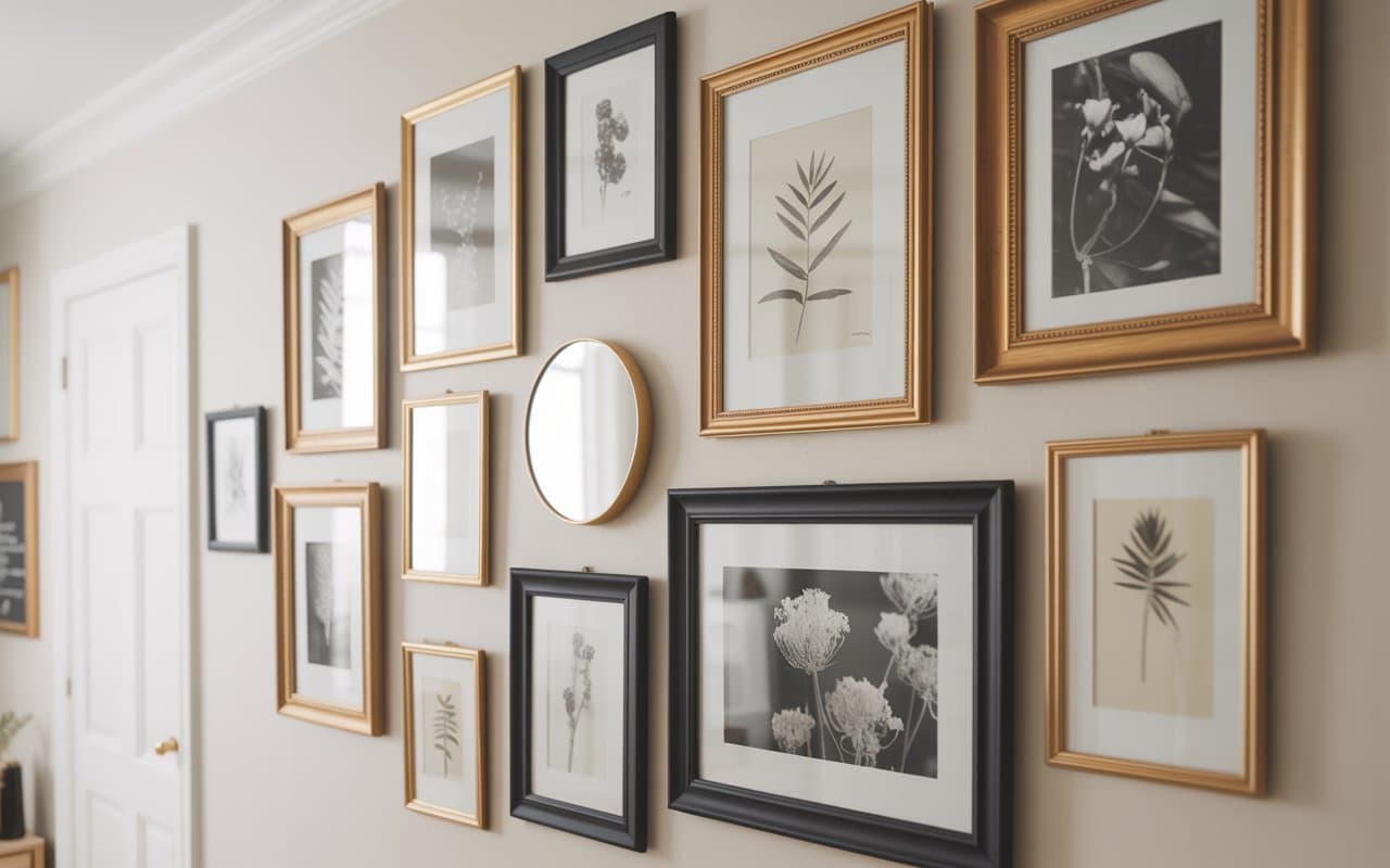 A hallway gallery wall. A mix of gold, black, and natural wood frames. Some contain black and white photography, others contain botanical sketches. A small circular mirror is integrated into the center of the arrangement.