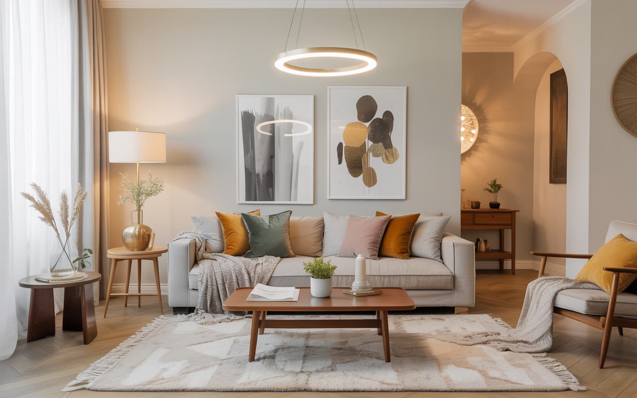 Living room with different shades of gray, gray sofa, white rug, wooden coffee table, soft lighting, modern Pinterest-style interior.”