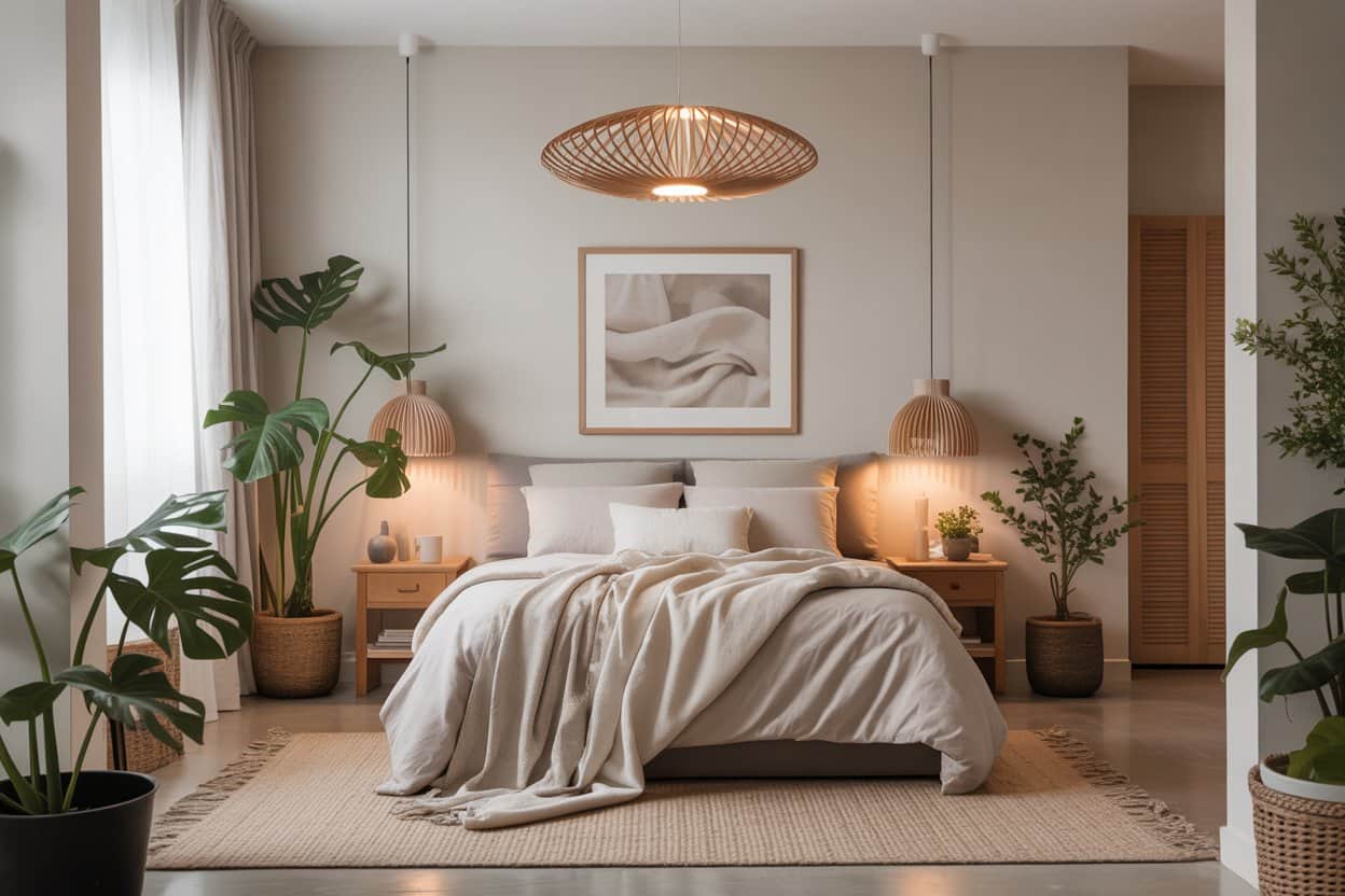 Image prompt: “Minimalist bedroom with indoor plants, wooden bedside table, soft neutral bedding, natural light, cozy Pinterest-style interior.”