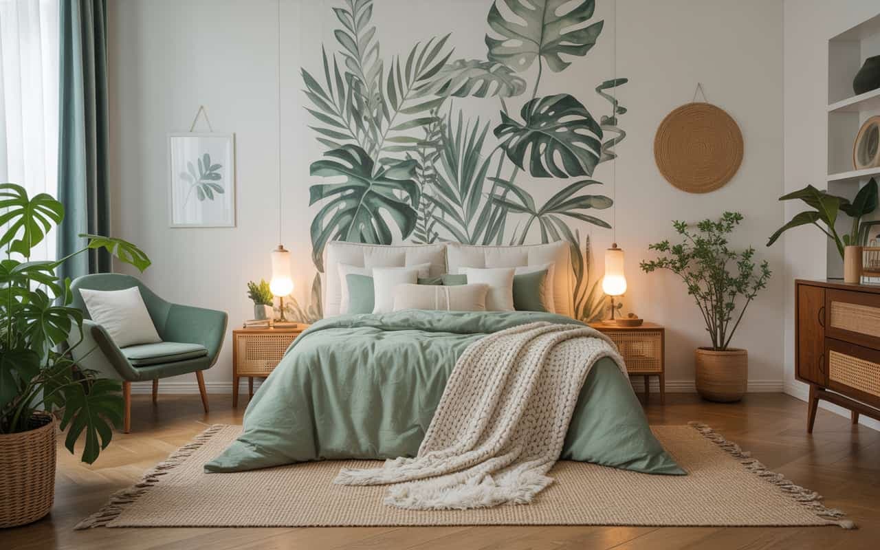 “Bedroom with indoor plants, white bed, wooden furniture, soft neutral rug, modern cozy interior, Pinterest-style photo.”