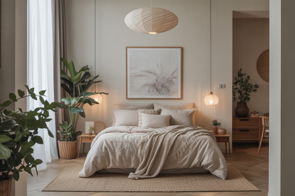 “Minimalist bedroom with modern pendant light, soft natural light, neutral bedding, cozy elegant interior, Pinterest-style photography.”