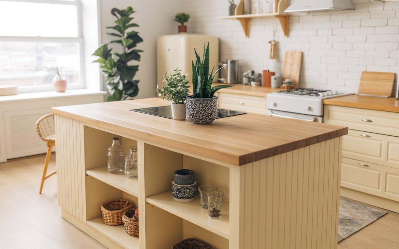 Kitchen island with open shelves, decorative plants, wooden countertop, bright modern kitchen, Pinterest aesthetic.