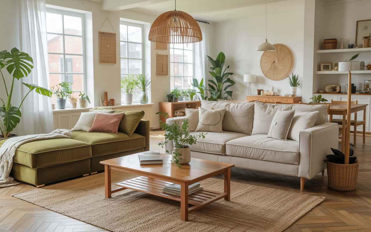 Living room with neutral sofa, indoor plants, wooden coffee table, jute rug, bright natural light, modern cozy interior, Pinterest-style photo.”