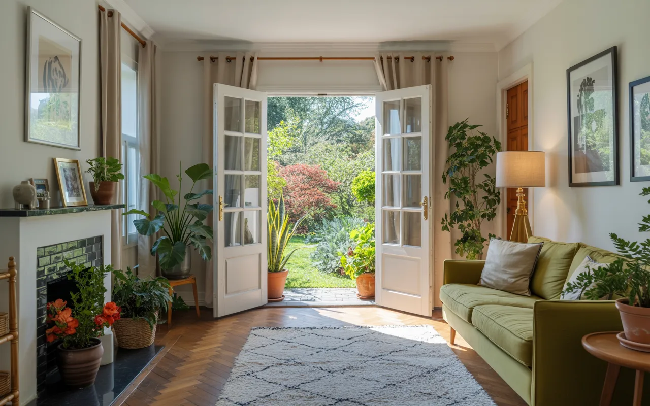 Living room with green sofa, airy curtains, potted plants near double doors, and cozy rug, opening to a vibrant garden.