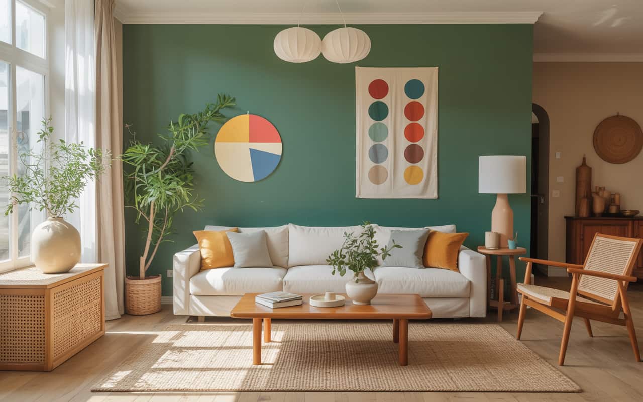Living room with neutral walls, beige sofa, wooden coffee table, soft rug, bright natural light, modern cozy Pinterest-style interior.”