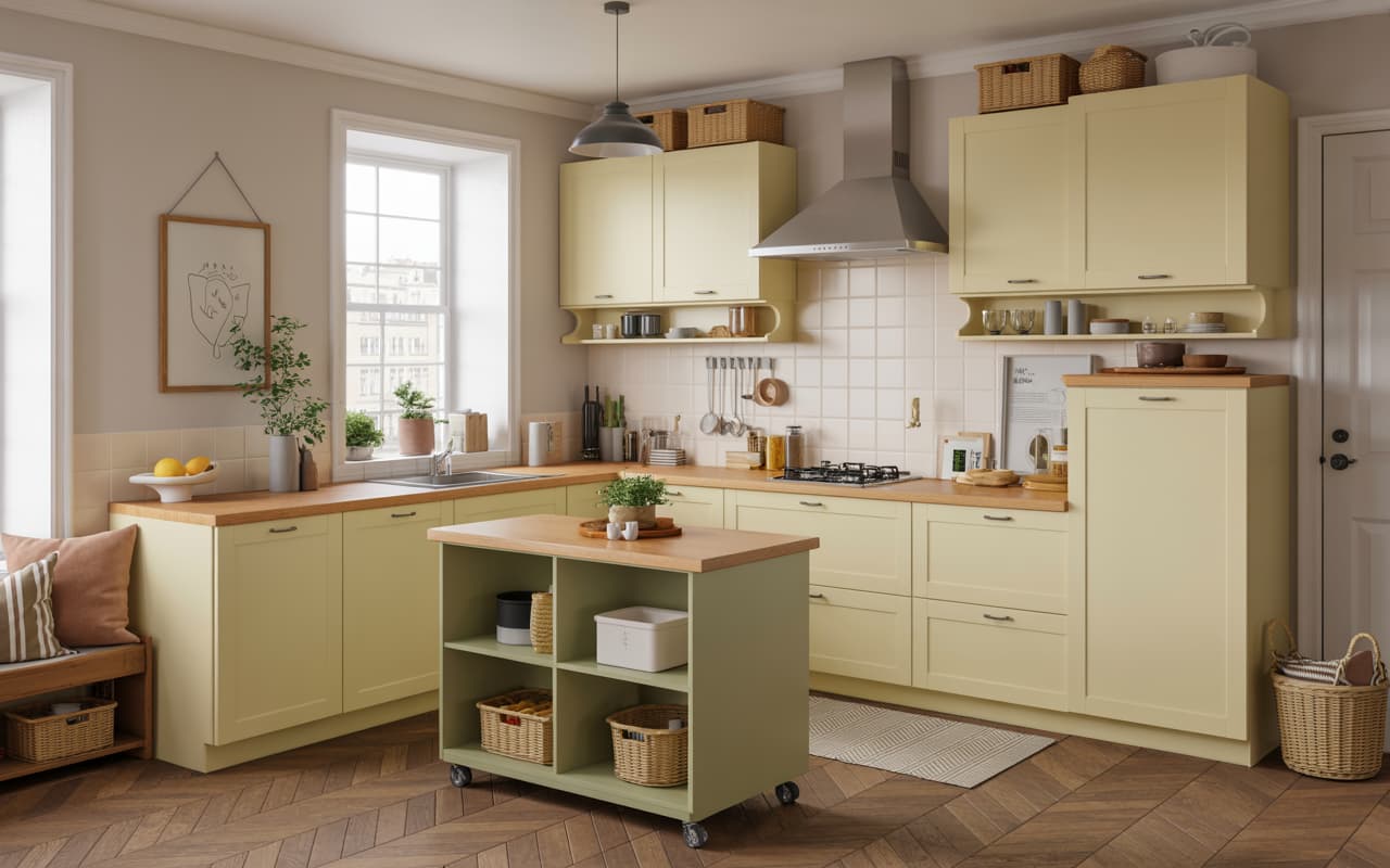 Compact movable kitchen island, light-colored countertop, small cozy kitchen, modern storage solutions, Pinterest aesthetic.