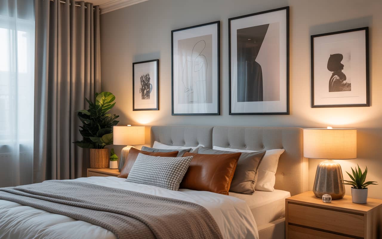 A stylish bedroom wall filled with framed art prints, modern and aesthetic decor, neutral colors, cozy lighting