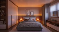 Room stuff A cozy modern bedroom with warm LED strip lights glowing behind the bed and ceiling, aesthetic decor, soft shadows, Pinterest style, 4k