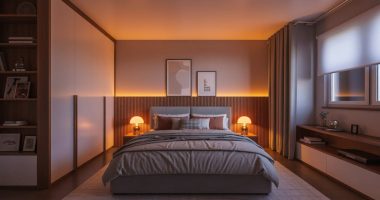 Room stuff A cozy modern bedroom with warm LED strip lights glowing behind the bed and ceiling, aesthetic decor, soft shadows, Pinterest style, 4k
