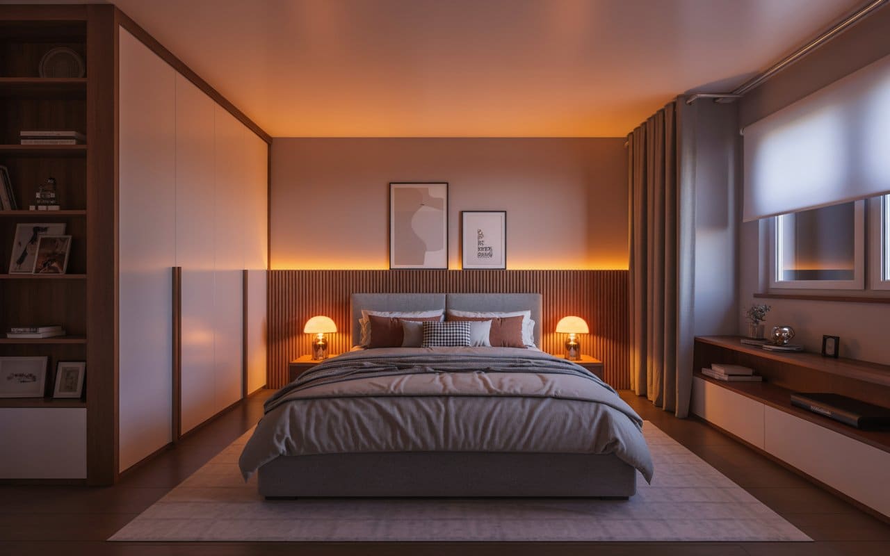 Room stuff A cozy modern bedroom with warm LED strip lights glowing behind the bed and ceiling, aesthetic decor, soft shadows, Pinterest style, 4k