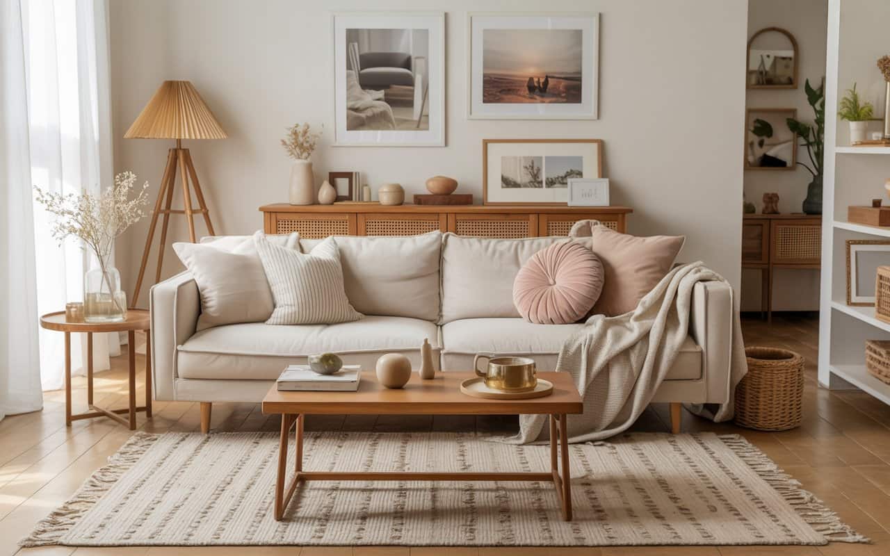 “Living room with beige sofa on textured rug, wooden coffee table, bright airy interior, cozy modern décor, Pinterest-style photo.”