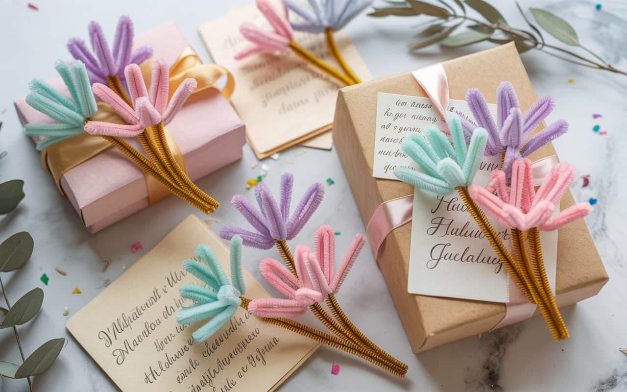 Pipe cleaner flowers attached to gift boxes and greeting cards, festive setup, Pinterest celebration aesthetic