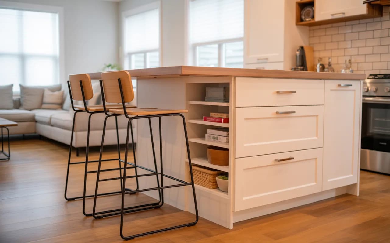 Small kitchen island with storage and seating, adjacent to living room.