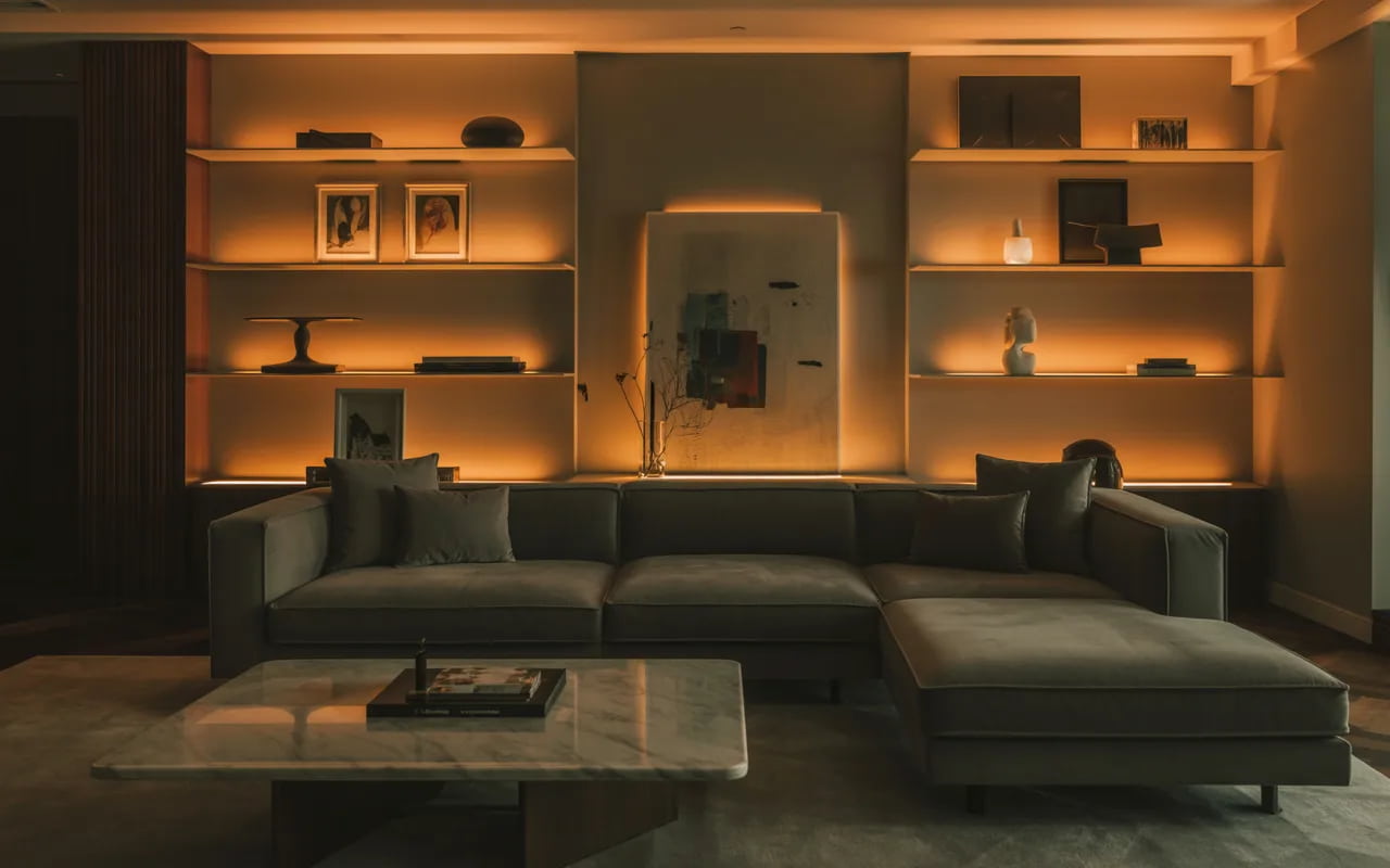 Luxury living room with accent LED lighting highlighting artwork and shelves, warm cozy ambiance, modern elegant furniture."