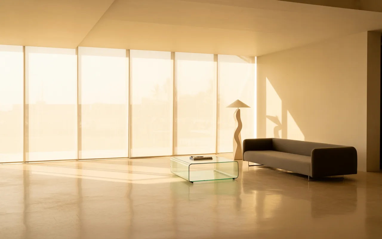 Minimalist living room with pure white walls, large windows, modern furniture, and natural sunlight