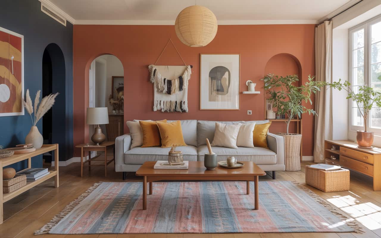 “Living room with terracotta walls, beige sofa, wooden coffee table, layered cushions, natural light, Pinterest-style interior.”