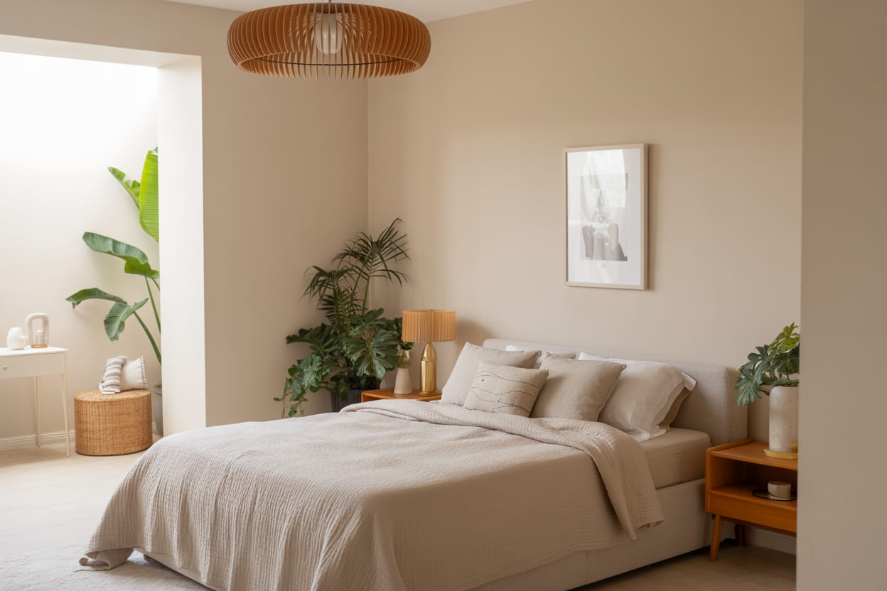 “Minimalist bedroom with open layout, simple furniture, neutral color palette, uncluttered space, bright airy interior, Pinterest aesthetic.”