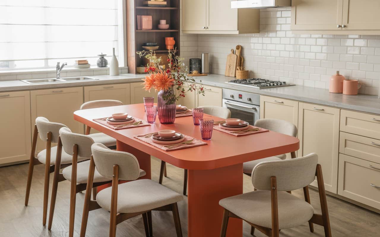 Brightly colored kitchen table with neutral chairs, patterned tableware, and vibrant centerpiece in a modern kitchen
