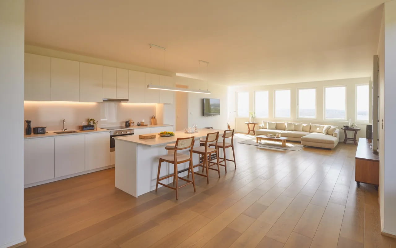 Open-plan small kitchen and living room combo with seamless flooring and natural light.