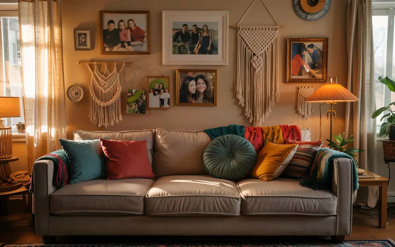 Personalized 2000s living room with framed retro photos, DIY decor, colorful throw pillows, cozy and nostalgic interior”
