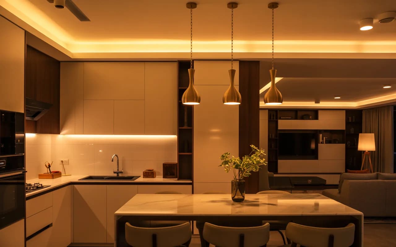 Small kitchen and living room combo with layered lighting and pendant lamps.