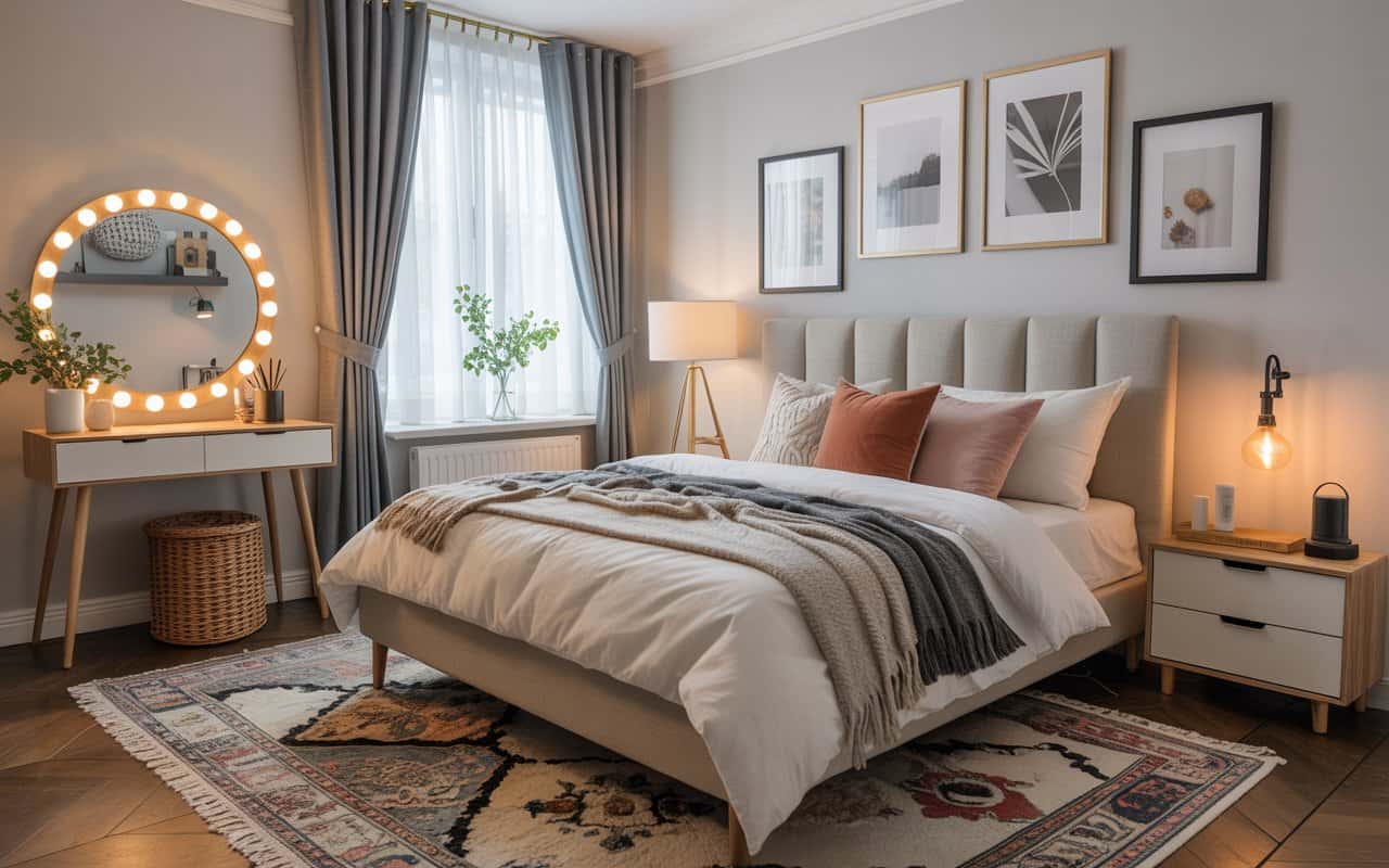 Bedroom with colorful cushions, patterned rug, cozy and stylish Pinterest look