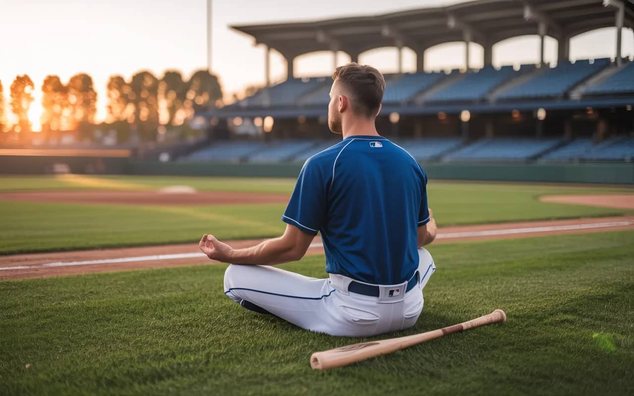 Baseball player meditating alone on the field at sunrise, bat resting nearby, visualizing perfect gameplay.