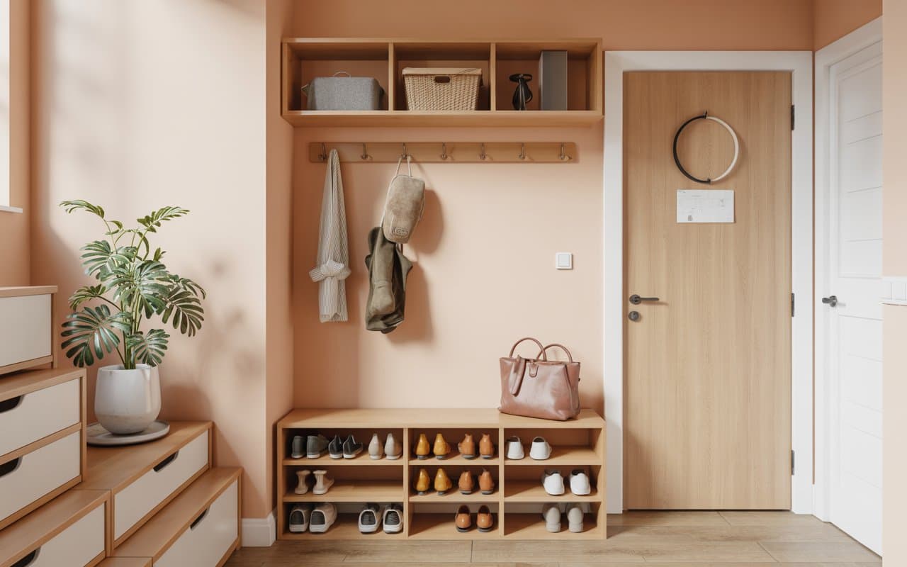 Organized home entrance decor entryway with shoe storage bench, clean and modern design