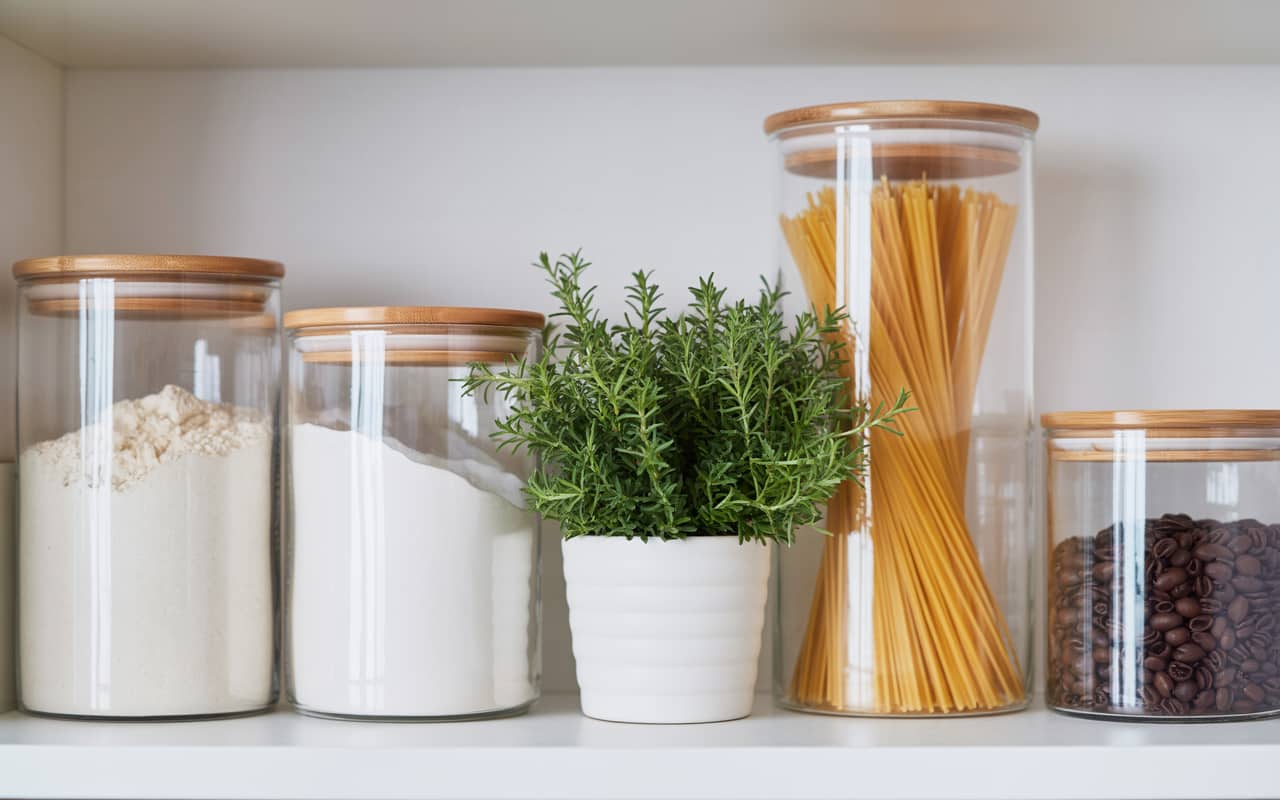 A kitchen pantry or open shelf. Uniform glass canisters with bamboo lids hold flour, pasta, and coffee. A few small potted herbs are placed between the jars for a fresh look.