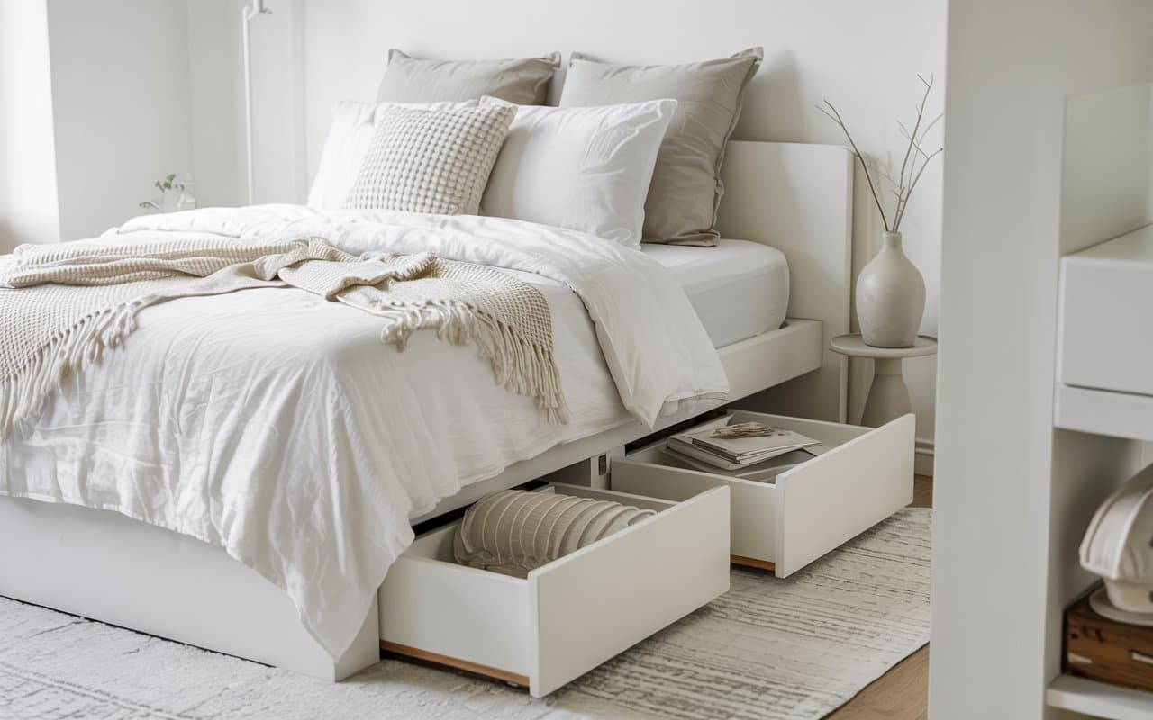 “White minimalist bedroom with hidden storage drawers under bed, sleek design, soft neutral bedding, bright airy space, Pinterest-style photo.”