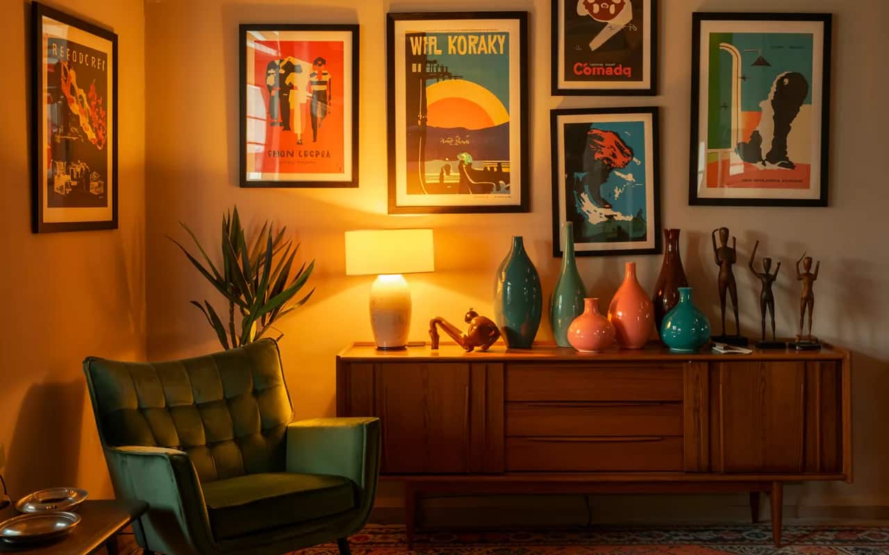 Retro living room wall with framed vintage posters, colorful vases, and a mid-century sideboard decorated with accessories.