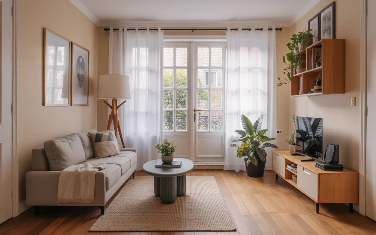 Small living room with compact sofa, low coffee table, potted plants near garden doors, and sheer curtains