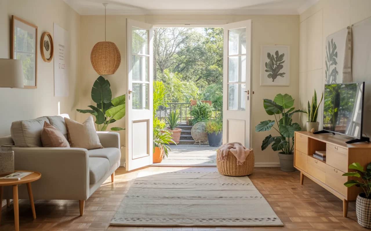 Small living room with throw pillows, soft rug, neutral furniture, indoor plants, and open garden doors letting sunlight in.