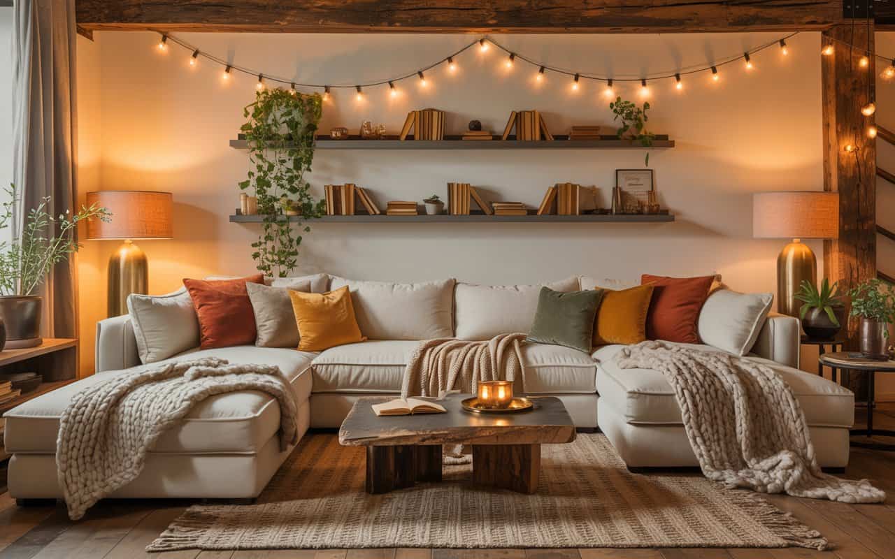 Cozy living room with plush textiles, warm lighting, and stylish accents