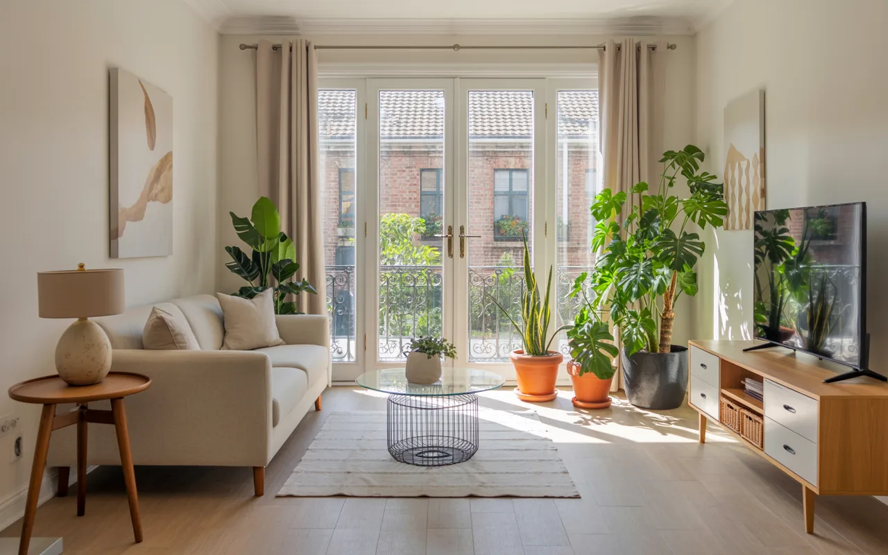 Small living room with potted indoor plants near glass garden doors, neutral sofa, and light wood furniture