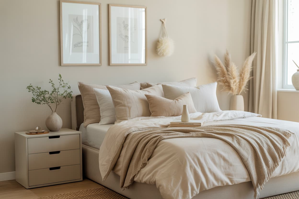 Minimalist bedroom with hidden storage drawers, clean neutral décor, soft bedding, bright airy interior, Pinterest-style photo.”