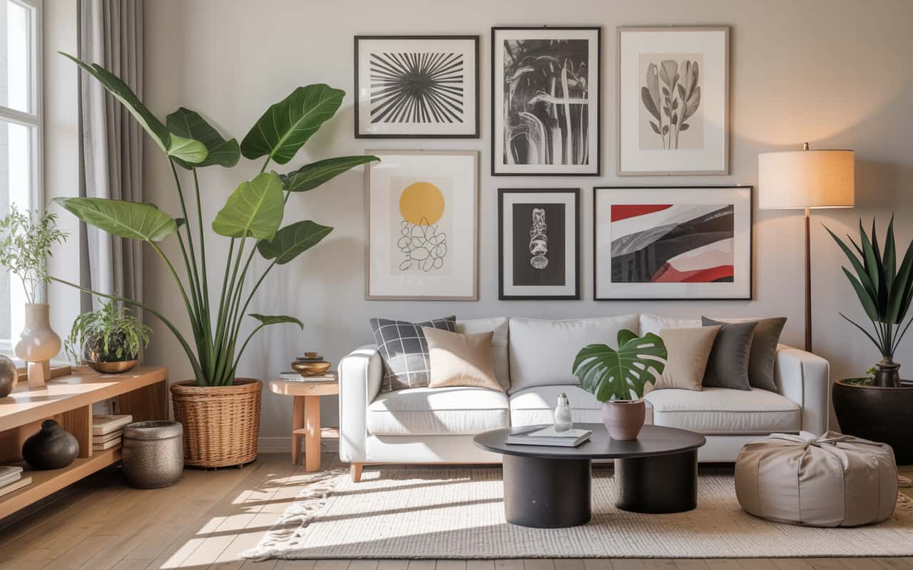 Living room with large leafy indoor plants, decorative pots, cozy sunlight