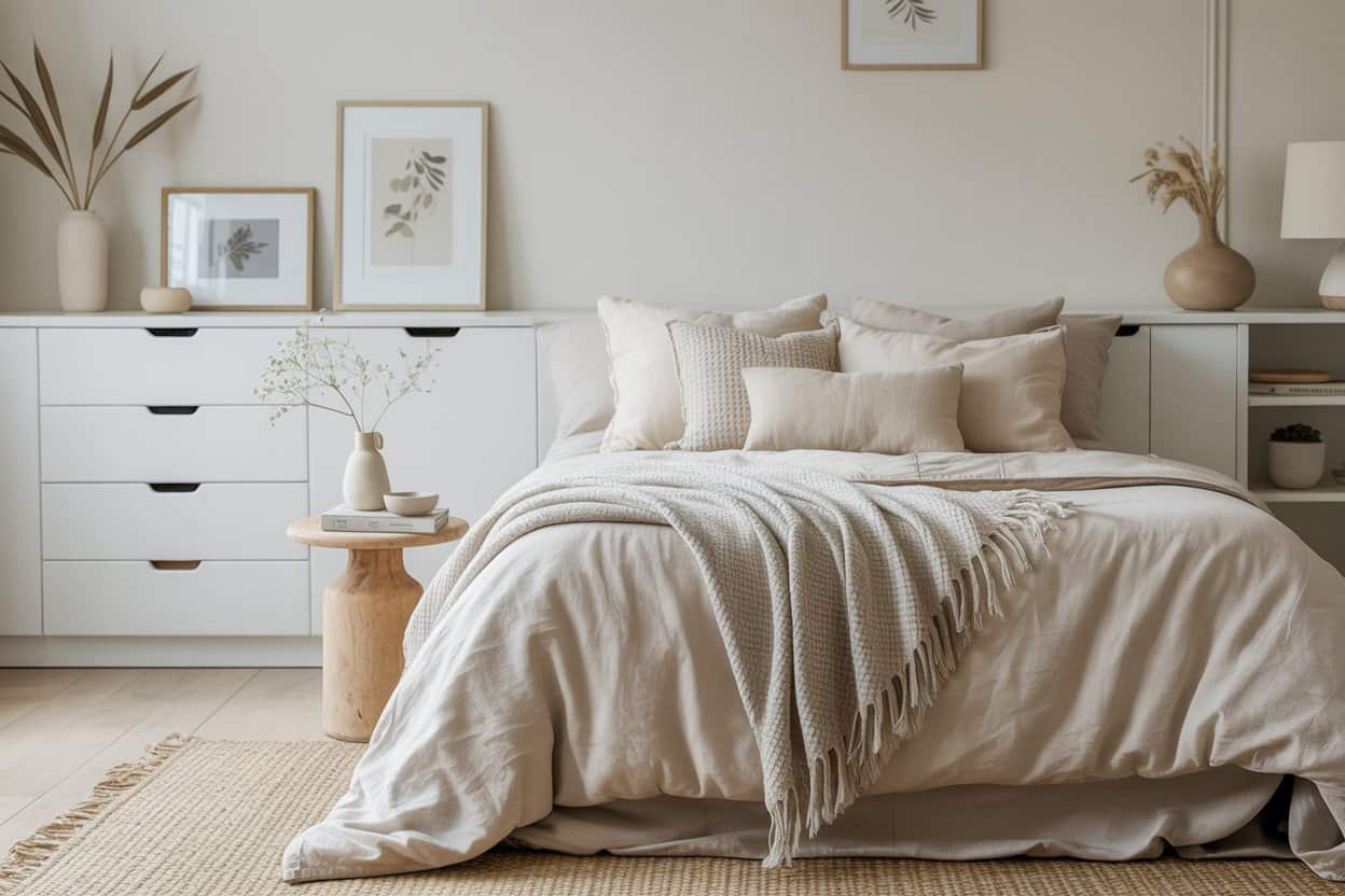 “Minimalist bedroom with soft linen bedding, layered pillows, cozy throw, neutral color palette, bright airy interior, Pinterest aesthetic.”