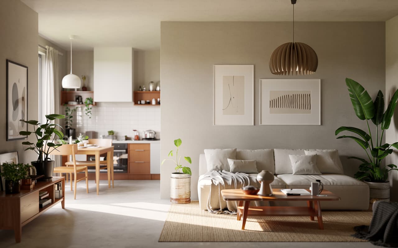 Minimalist living room with a geometric pendant light, neutral walls, simple furniture, cozy rug, modern elegant interior, bright natural lighting, Pinterest-style photography.”