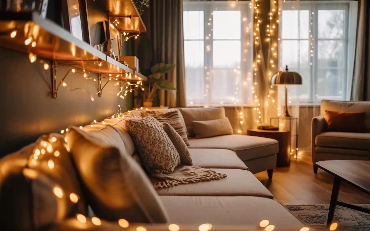 Cozy living room with fairy lights on shelves and windows, soft glowing warm ambiance, stylish furniture, inviting interior."