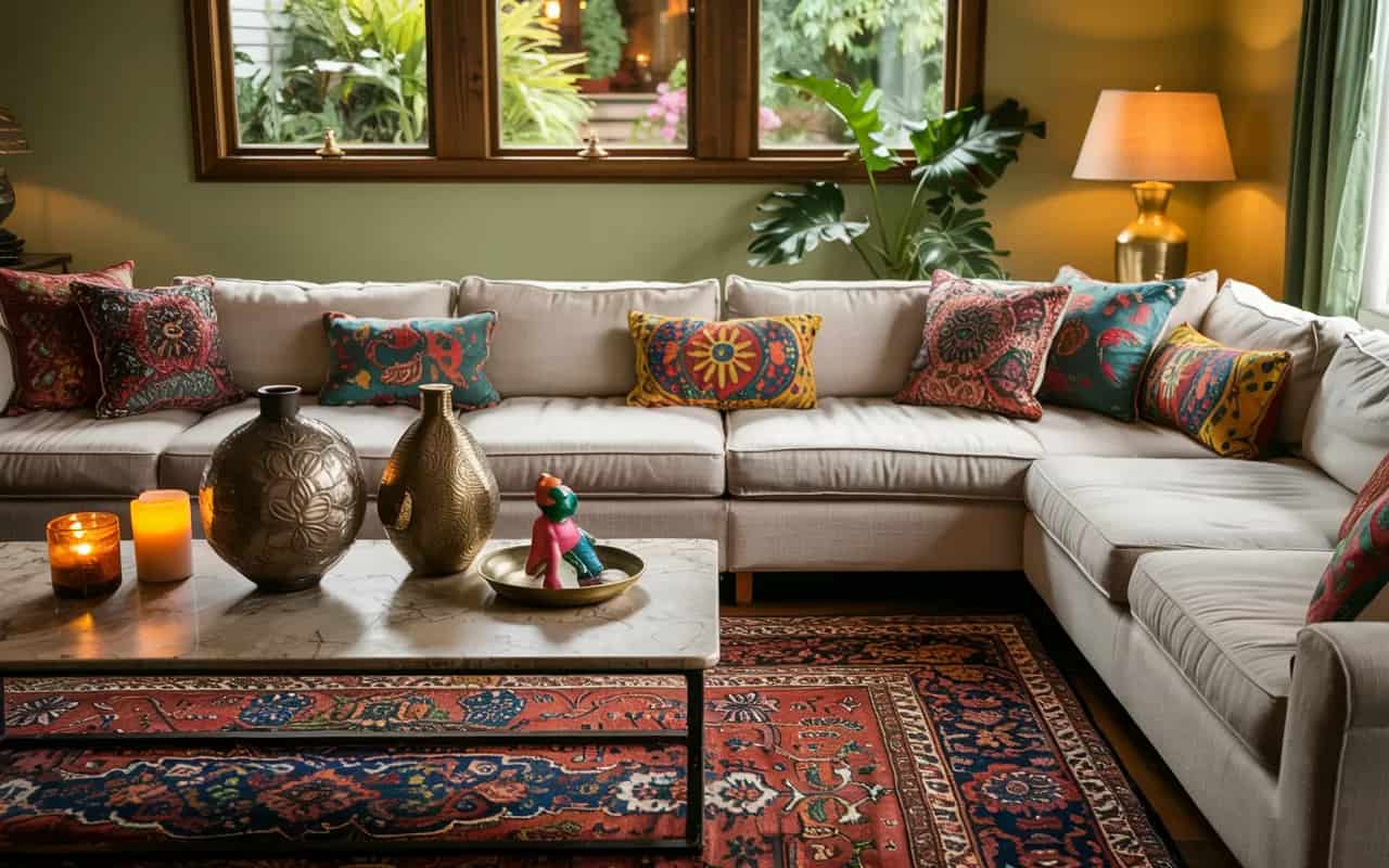 2000s living room accessories with colorful throw pillows, patterned rugs, metallic vases, playful decor”