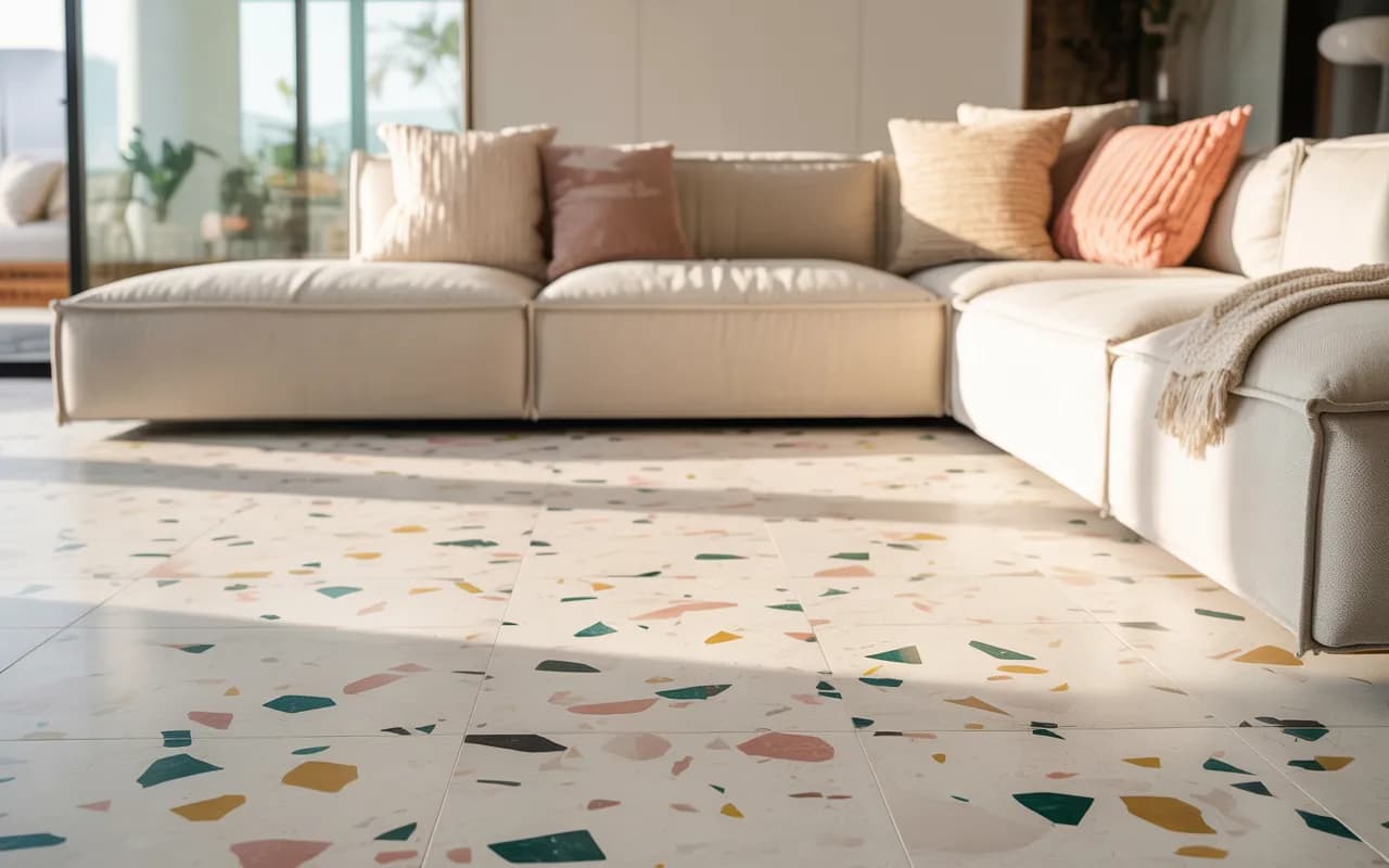 Living room with colorful terrazzo floor and neutral sofa.