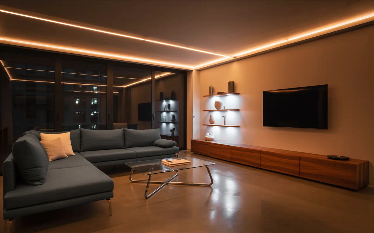 Modern living room with smart LED lights, cozy warm ambiance, stylish furniture, ambient modern interior design."
