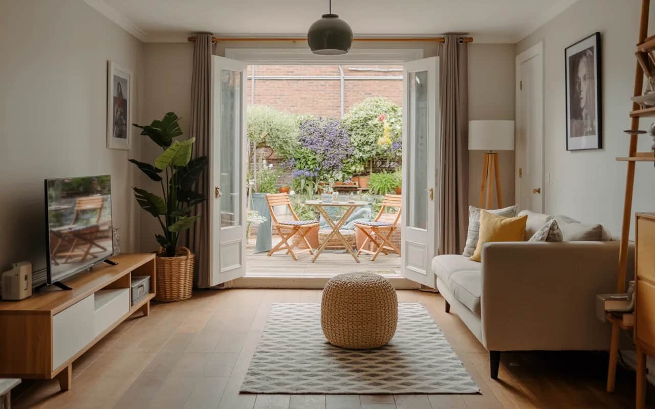 Compact living room with glass garden doors, wooden floor, neutral sofa, and garden seating visible through the doors.